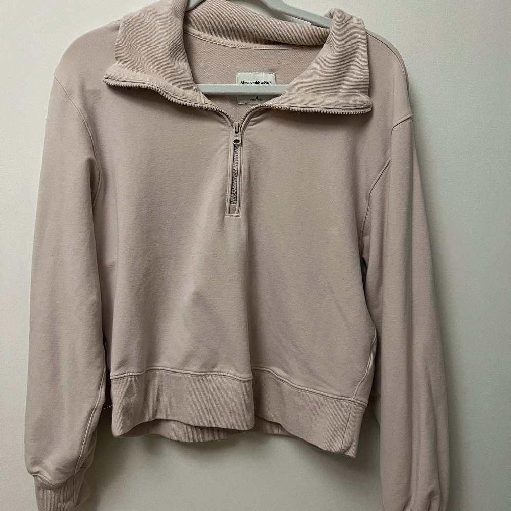 Abercrombie Light Beige Luxe Terry Wedge Half Zip Pullover